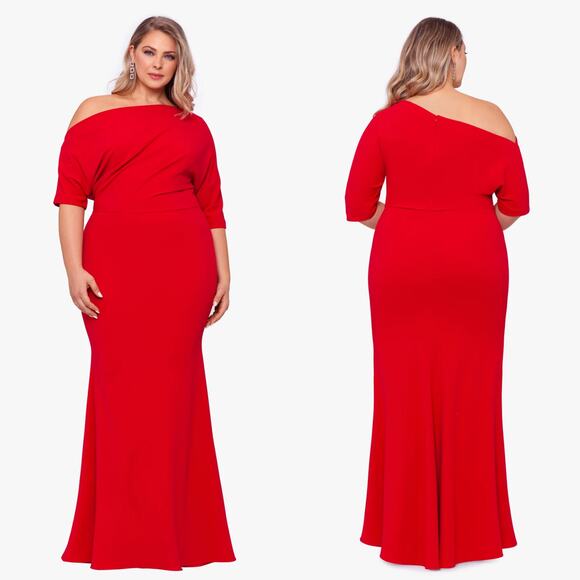 Betsy & Adam Sz 20W Red Madeline Long Scuba Crepe Off the Shoulder Drop Dress - Picture 1 of 10